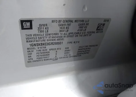 2016 Chevrolet Tahoe Lt from USA, damaged, VIN 1GNSKBKC8GR288661